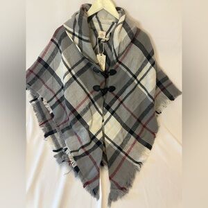 St. John's Bay classic plaid sweater, poncho toggle closure